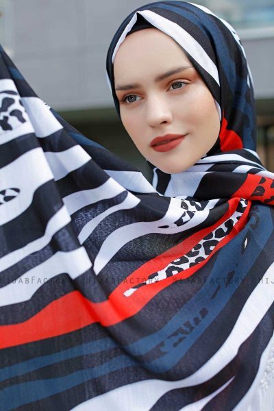 Emel - Hijab Estampado Azul Marino & Rojo - Sal Evi