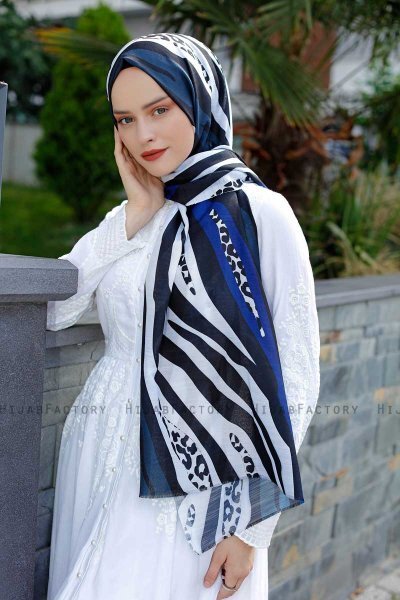 Emel - Hijab Estampado Azul Marino & Blanco - Sal Evi