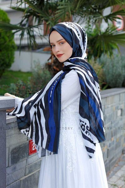 Emel - Hijab Estampado Azul Marino & Blanco - Sal Evi