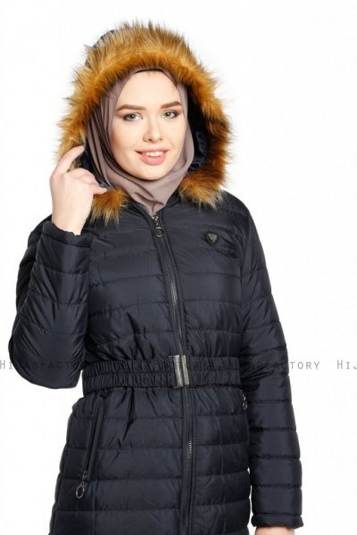 Yeliz - Azul Marino Chaqueta Larga Con Capucha
