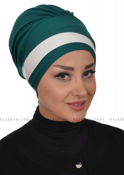 Elsa - Turbante De Algodón Verde Oscuro & Crema