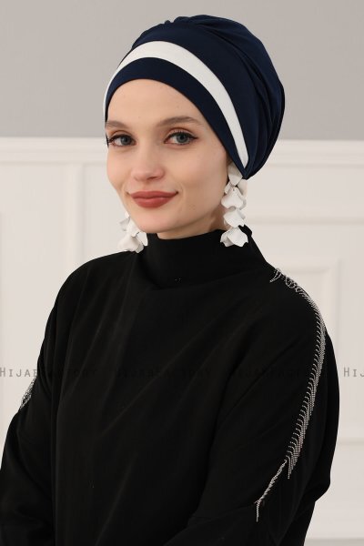 Elsa - Turbante De Algodón Azul Marino & Crema