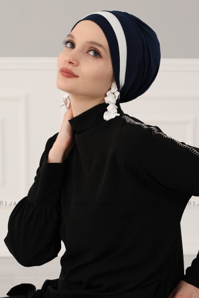 Elsa - Turbante De Algodón Azul Marino & Crema