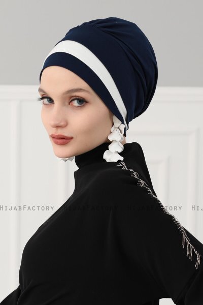 Elsa - Turbante De Algodón Azul Marino & Crema