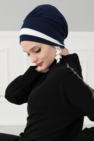 Elsa - Turbante De Algodón Azul Marino & Crema
