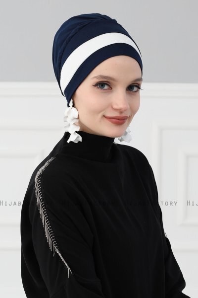Elsa - Turbante De Algodón Azul Marino & Crema