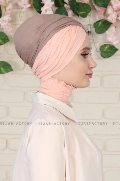 Fiona - Turbante De Algodón Taupe Oscuro & Rosa De Antaño