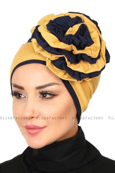 Clara - Turbante De Algodón Mostaza & Azul Marino