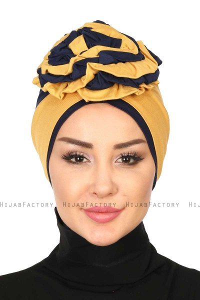 Clara - Turbante De Algodón Mostaza & Azul Marino