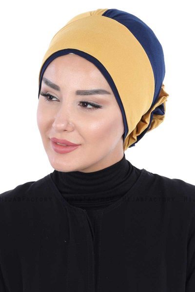 Clara - Turbante De Algodón Mostaza & Azul Marino