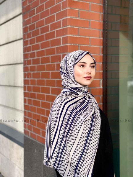 Dalal - Hijab Estampado De Crepe Azul Marino & Crema