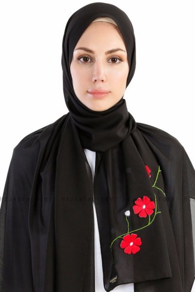 Damla Svart Hijab Sjal Med Blommor Madame Polo 130001-1