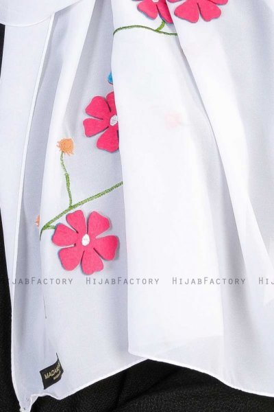 Damla Vit Hijab Sjal Med Blommor Madame Polo 130002-5