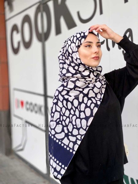 Iza - Hijab Estampado De Algodón Azul Marino & Blanco - Mirach