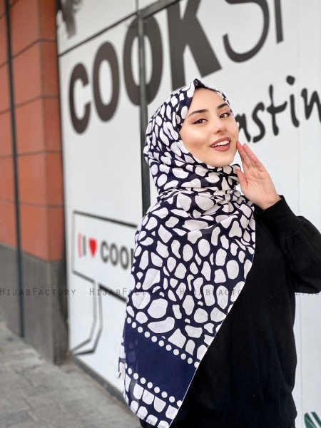 Iza - Hijab Estampado De Algodón Azul Marino & Blanco - Mirach