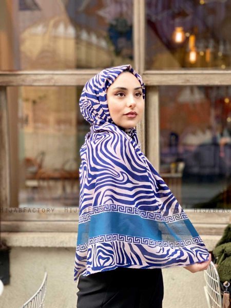 Kadifa - Hijab Estampado De Algodón Azul Marino & Beige- Mirach