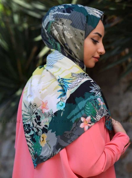 Khawla - Hijab Estampado De Algodón Verde & Caqui