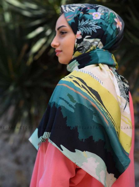 Khawla - Hijab Estampado De Algodón Verde & Caqui