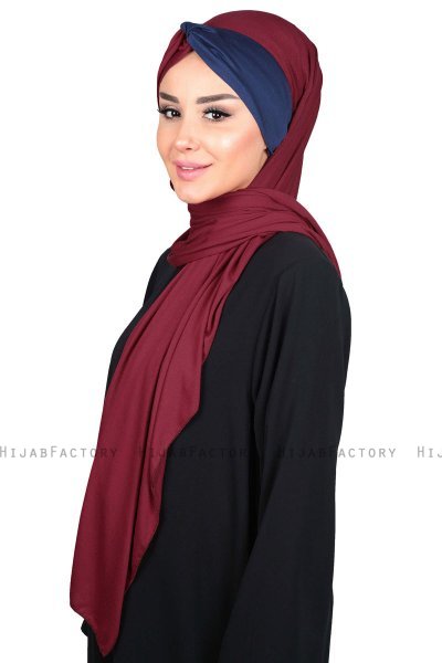 Mikaela - Hijab De Algodón Práctico Burdeos & Azul Marino