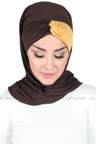 Mikaela - Hijab De Algodón Práctico Marrón & Mostaza