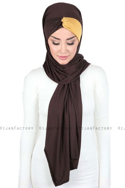 Mikaela - Hijab De Algodón Práctico Marrón & Mostaza