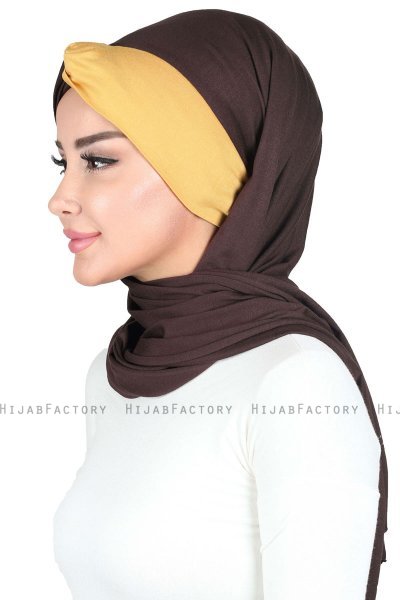 Mikaela - Hijab De Algodón Práctico Marrón & Mostaza