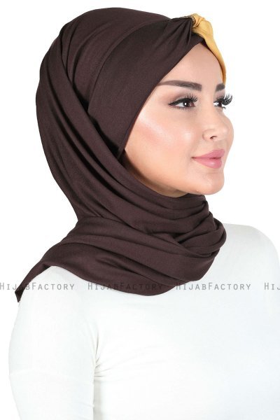 Mikaela - Hijab De Algodón Práctico Marrón & Mostaza