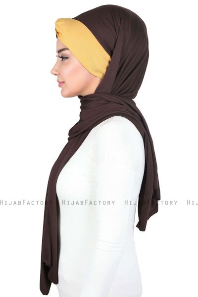 Mikaela - Hijab De Algodón Práctico Marrón & Mostaza