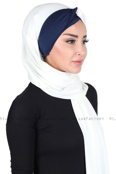 Mikaela - Hijab De Algodón Práctico Crema & Azul Marino