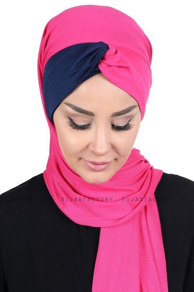 Mikaela - Hijab De Algodón Práctico Fucsia & Azul Marino