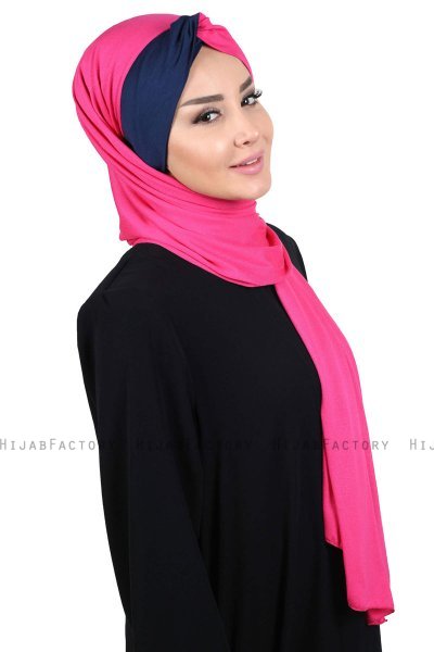 Mikaela - Hijab De Algodón Práctico Fucsia & Azul Marino