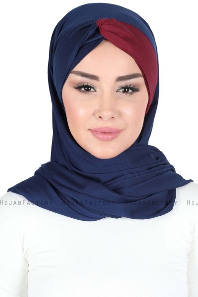 Mikaela - Hijab De Algodón Práctico Azul Marino & Burdeos