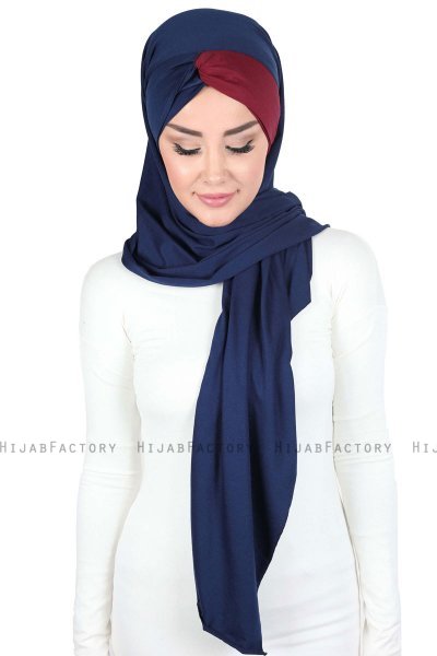 Mikaela - Hijab De Algodón Práctico Azul Marino & Burdeos