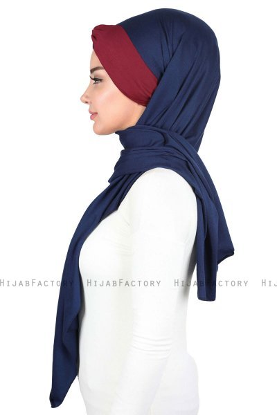 Mikaela - Hijab De Algodón Práctico Azul Marino & Burdeos