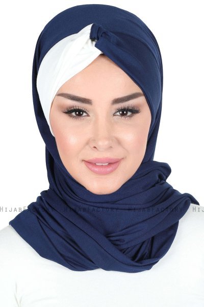 Mikaela - Hijab De Algodón Práctico Azul Marino & Crema