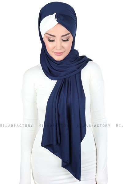 Mikaela - Hijab De Algodón Práctico Azul Marino & Crema