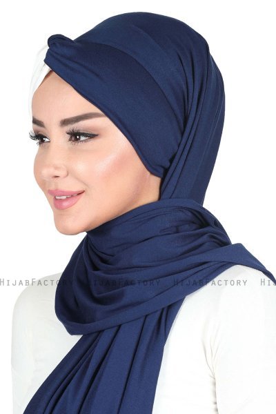 Mikaela - Hijab De Algodón Práctico Azul Marino & Crema