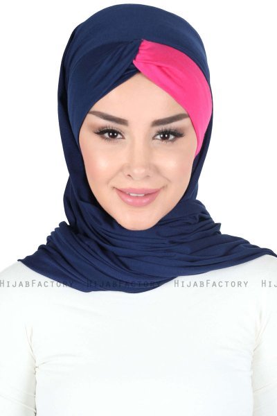 Mikaela - Hijab De Algodón Práctico Azul Marino & Fucsia
