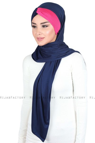 Mikaela - Hijab De Algodón Práctico Azul Marino & Fucsia