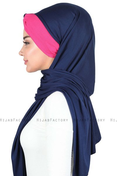 Mikaela - Hijab De Algodón Práctico Azul Marino & Fucsia