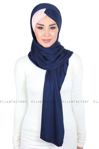 Mikaela - Hijab De Algodón Práctico Azul Marino & Rosa De Antaño