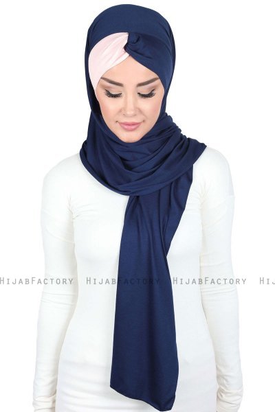 Mikaela - Hijab De Algodón Práctico Azul Marino & Rosa De Antaño