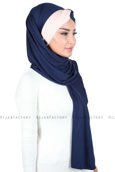 Mikaela - Hijab De Algodón Práctico Azul Marino & Rosa De Antaño