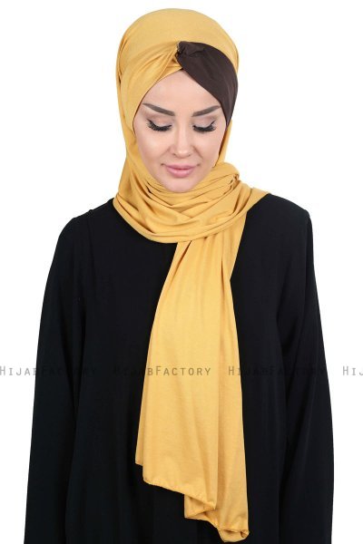 Mikaela - Hijab De Algodón Práctico Mostaza & Marrón