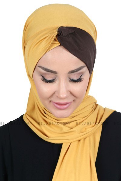 Mikaela - Hijab De Algodón Práctico Mostaza & Marrón