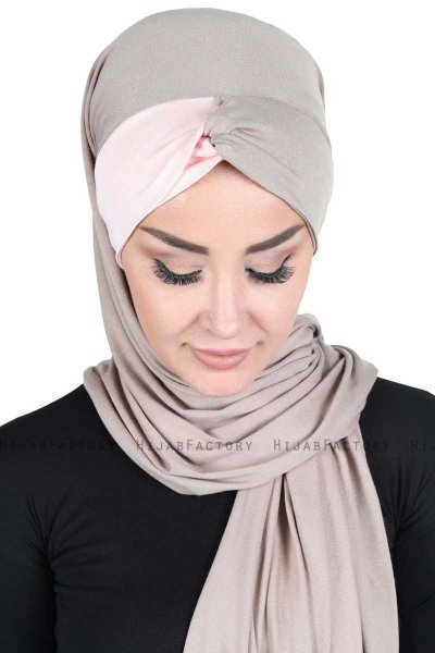 Mikaela - Hijab De Algodón Práctico Taupe & Rosa De Antaño