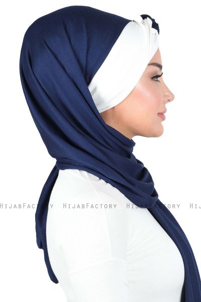 Mikaela - Hijab De Algodón Práctico Azul Marino & Crema