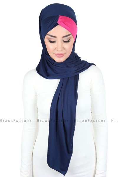 Mikaela - Hijab De Algodón Práctico Azul Marino & Fucsia
