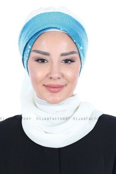 Olga - Hijab Práctico Blanquecino & Azul