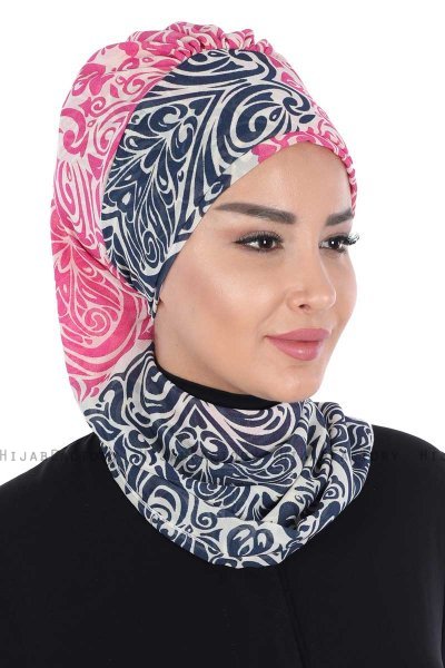 Regina - Turbante Instant Chiffon Azul Marino & Fucsia